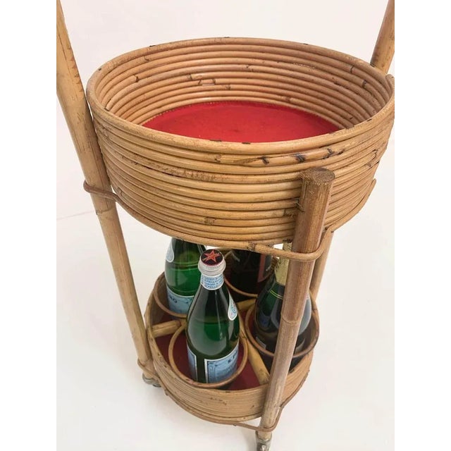 Wood Italian Red Velvet, Bamboo & Rattan Bar Trolley, 1960s For Sale - Image 7 of 17