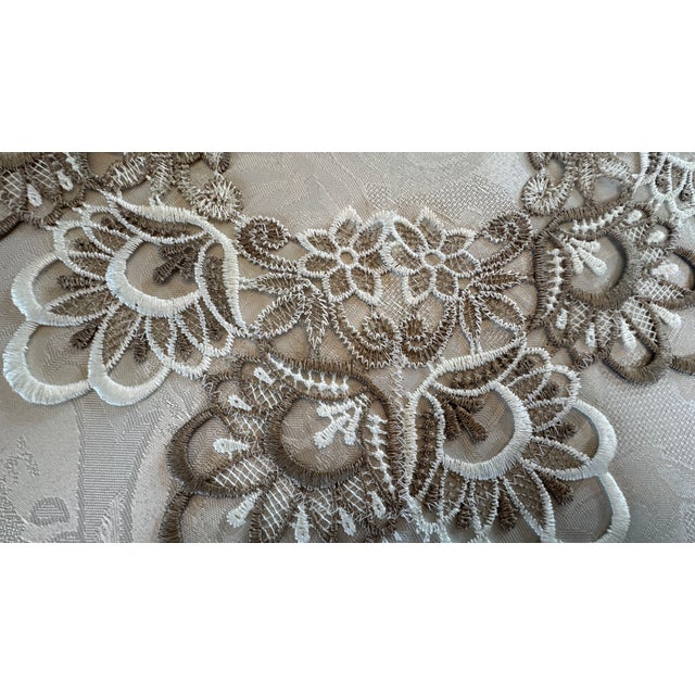 Vintage LinenTablecloth, Embroidered Applique Lace, Cream and Taupe. On Ivory 18" X 55.5" Pristine For Sale - Image 12 of 17