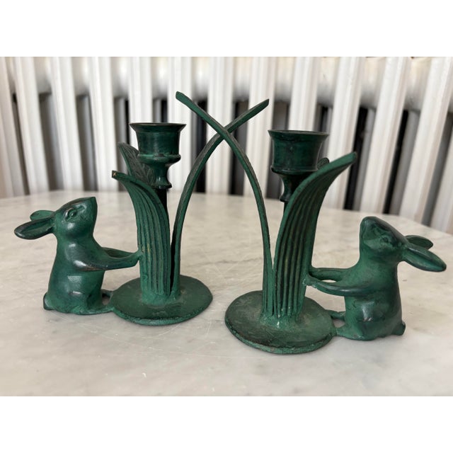 Metal 1980s Bronze Rabbit Candlestick Holders- a Pair For Sale - Image 7 of 7