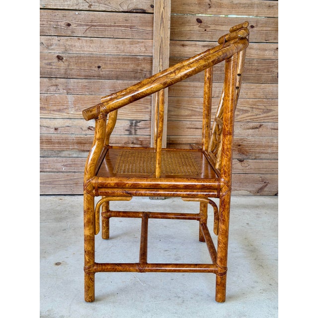 Chinoiserie Vintage Chinoiserie Regency Horseshoe Bamboo Rattan & Cane Side Chair For Sale - Image 3 of 12