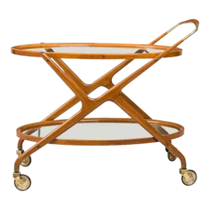 Cesare Lacca Italian Mid-Century Oval Teak and Brass Serving Trolley Bar Cart