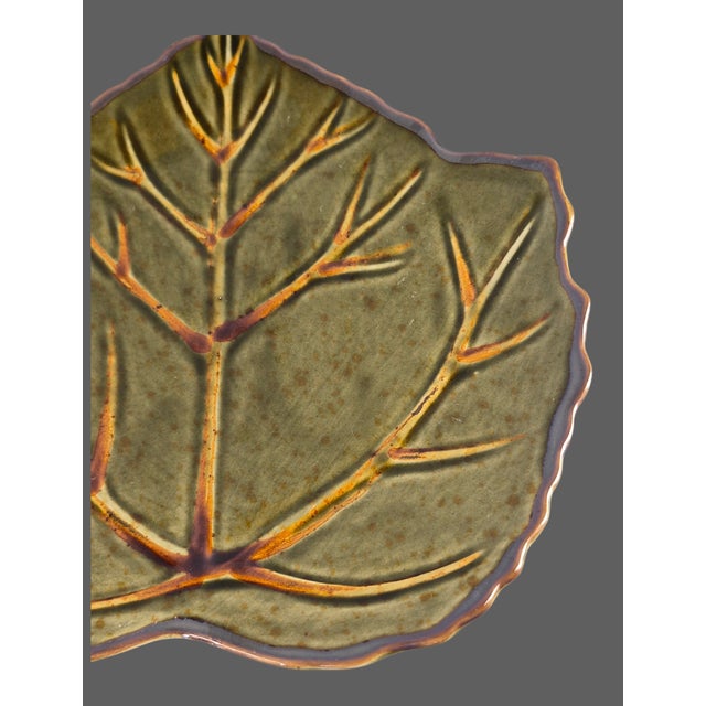 Late 20th Century Glazed Stoneware Roscher Leaf Shaped Olive Green Serving Plates - a Pair For Sale - Image 6 of 8