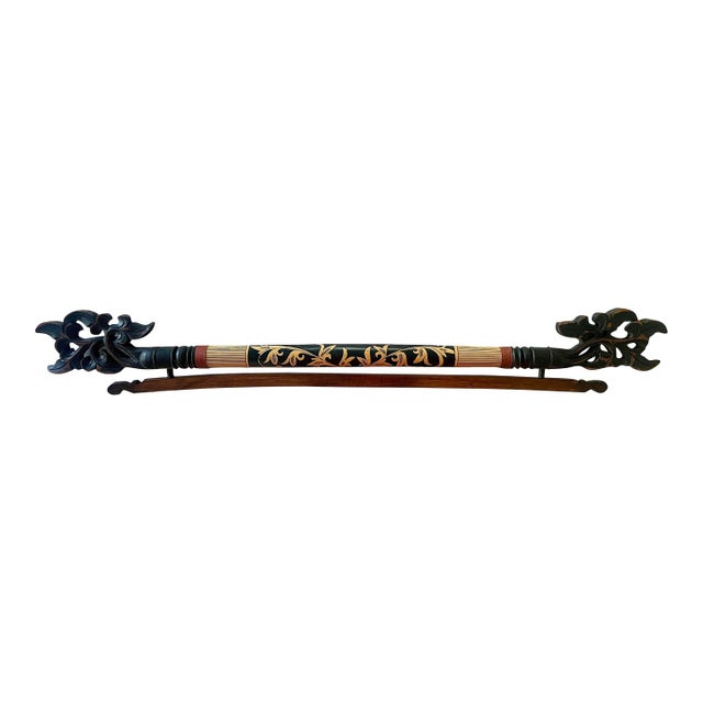 Vintage Balinese Cloth / Fabric / Tapestry Bamboo & Carved Wood Wall Hanger Indonesia For Sale