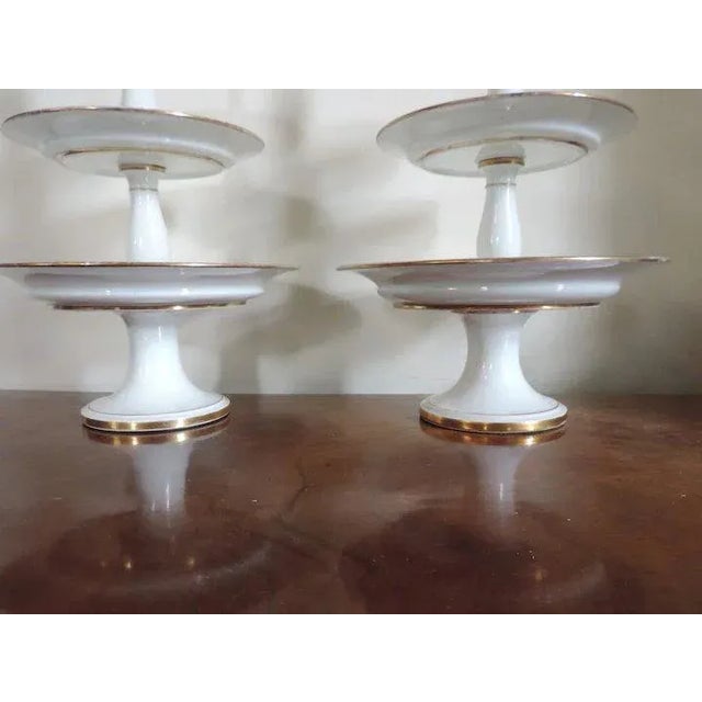 Early 19th Century French Empire Old Paris Porcelain White & Gold Edouard Honore Three Tier Dessert Tazza Hors d’oeuvres Stand - A Pair For Sale - Image 10 of 11