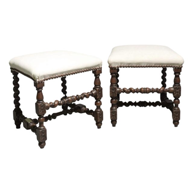 Early 20th Century Pair of Louis XIII Style French Twist Oak Stools For Sale