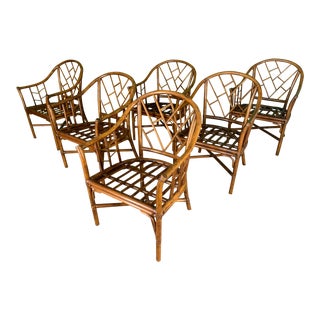 Faux Bamboo Chinoiserie Rattan Arm Chairs, Set of 6 For Sale