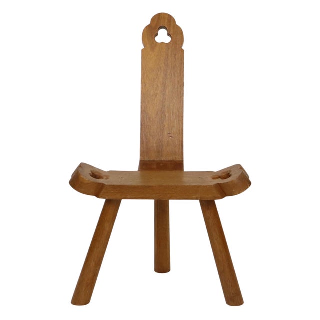 Vintage authentic Spanish Brutalist tripod chair, made of solid oak, circa mid-20th century, Spain. The legs are attached...