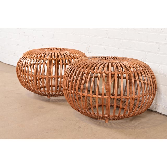Franco Albini Franco Albini Mid-Century Organic Modern Italian Rattan Pouf Ottomans, Pair For Sale - Image 4 of 9