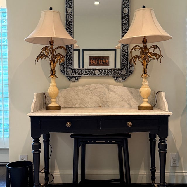 Pair of Hollywood Regency Palm Tree & Marble Lamps Just the most fabulous pair of marble and gilded metal palm plants....