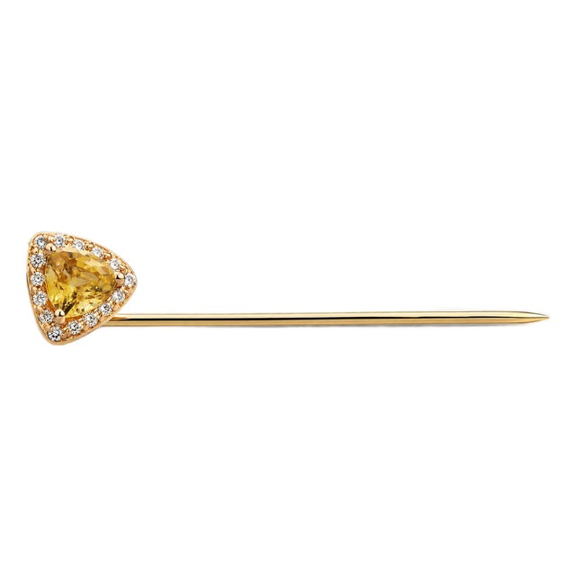 14k Yellow Gold Halo Diamond Pin Featuring a Triangular Ceylon Yellow Sapphire For Sale