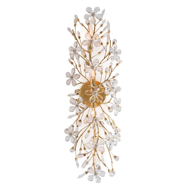 Delicately crafted crystal flowers suspended by gold frame, gives this sconce a strikingly romantic feel. The hand-...