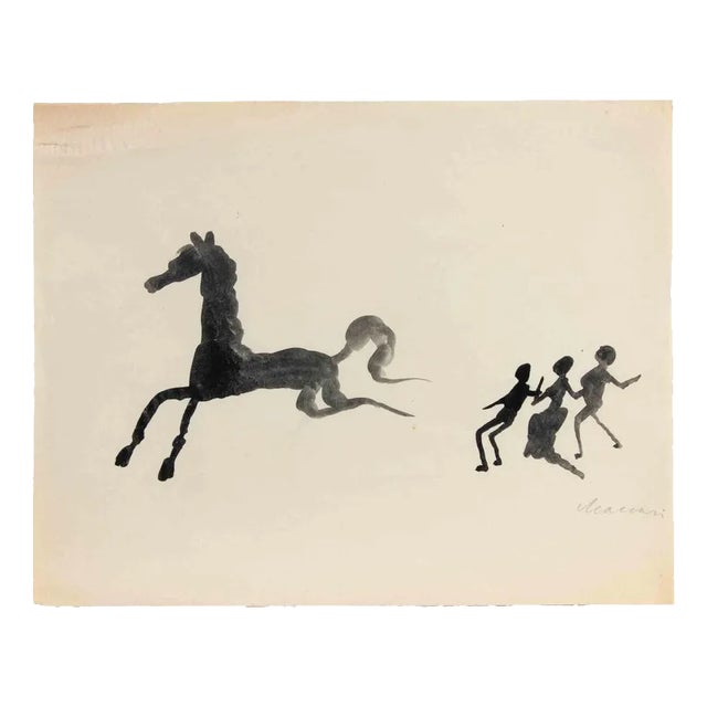 Mino Maccari, The Runaway Horse, Charcoal & Watercolor, 1960s For Sale