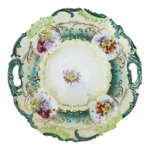 Rs Prussia Antique Handled Porcelain Cake Plate With Vibrant Floral Design and Gold Accents