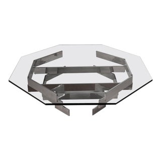 1970s Modern Chrome and Glass Octagonal Coffee Table For Sale