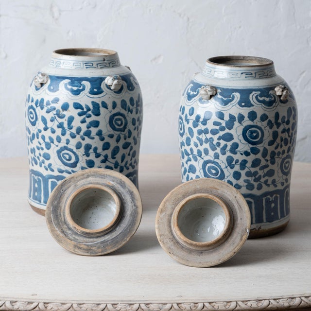 Pair of Chinese Blue and White Glazed Jars With Foo Dog Finials For Sale - Image 9 of 10