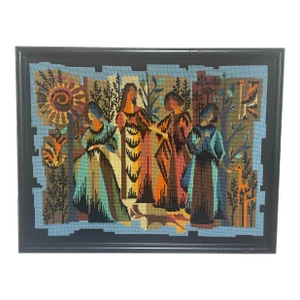 Vintage 1970s French Surrealist Quatre Saisons Framed Needlepoint Embroidery