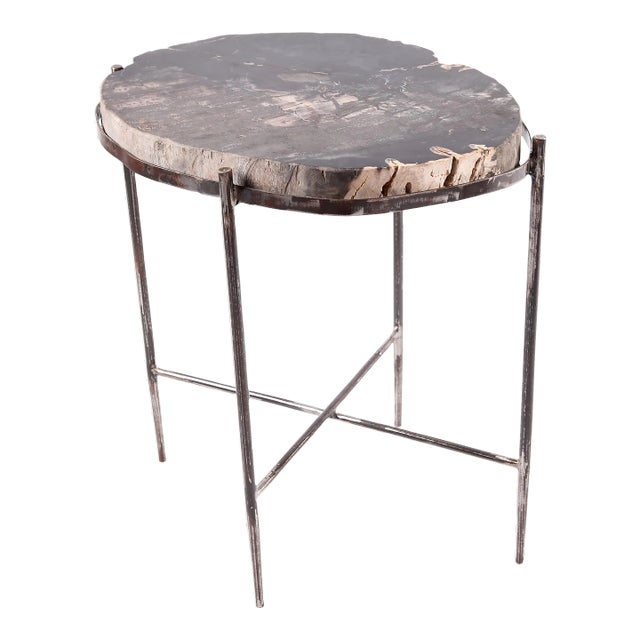 Living Edge Petrified Wood Top W Iron Stand Accent Table or Side Table 48 For Sale