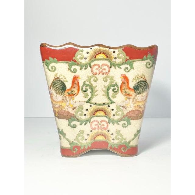 Contemporary Vintage Ceramic French-Style Chinoiserie “Rooster” Jardinière Cachepot Planter For Sale - Image 3 of 8