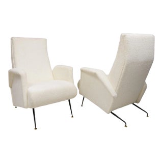 Pair of Italian Mid-Century Lounge Chairs Upholstered in Boucle Fabric For Sale