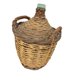 Antique Large Two-Tone European Rattan / Wicker Demijohn for British Colonial, Rustic European, and Nautical Decor