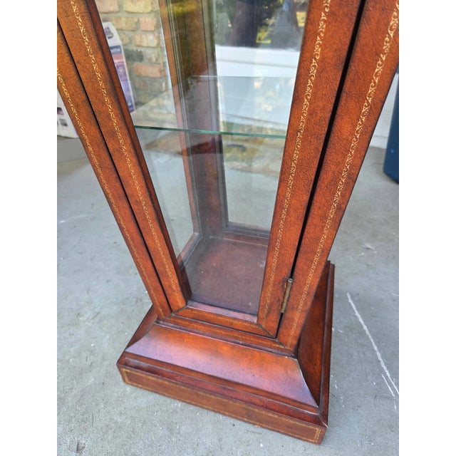 Brown Tooled Leather Glass Display Case Curio Stand Pedestal Maitland Smith - Jacques Adnet Style For Sale - Image 8 of 9