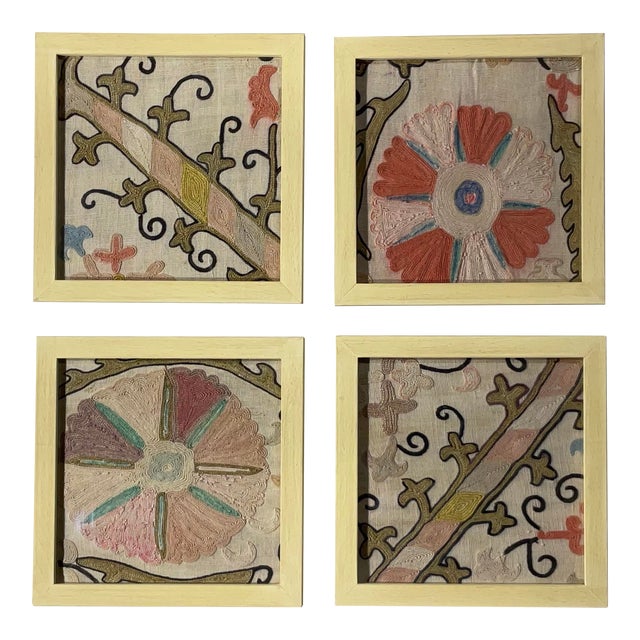 Set of Four 19 Century Antique Silk Suzani Wall Hanging For Sale