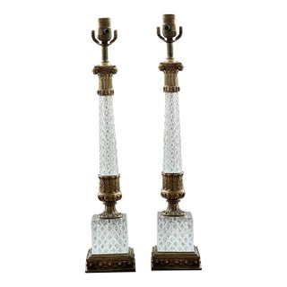 Vintage Cut Glass and Brass Corinthian Column Lamps-A Pair For Sale