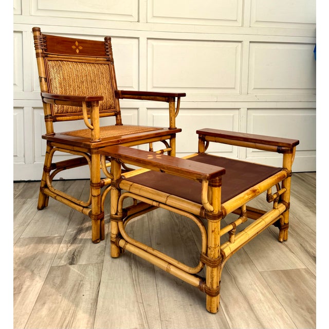 Vintage Bamboo, Rattan & Wood Lounge Chairs With Ottoman, Set of 3 For Sale - Image 13 of 18