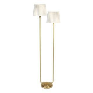 Polly Double Arm FloorLamp, Natural Brass with Oyster Wave Pleat Shade For Sale