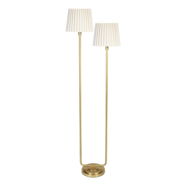 Polly Double Arm FloorLamp, Natural Brass with Oyster Wave Pleat Shade For Sale