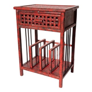 Vintage Hollywood Regency Red Faux Tortoiseshell Bamboo Side Table, Vinyl Record Stand & Magazine Rack - Newly Painted For Sale