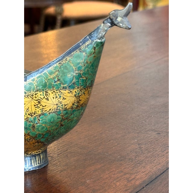 Traditional Decorative Enameled Metal Bowl With Stylized Animal Terminals For Sale - Image 3 of 7