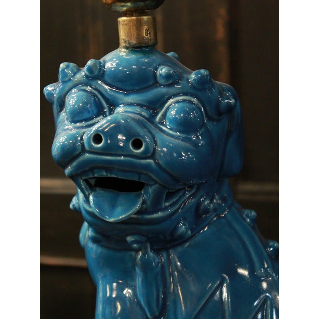 1960s Vintage Turquoise Ceramic Foo Dog Table Lamp, 1960s For Sale - Image 5 of 9