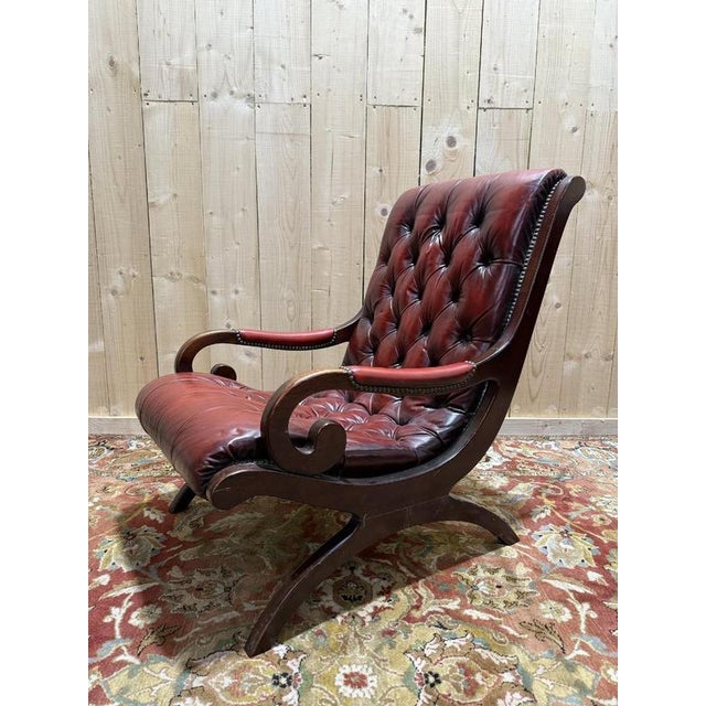 Red English Chesterfield Slipper Armchair in Tufted Leather For Sale - Image 8 of 8