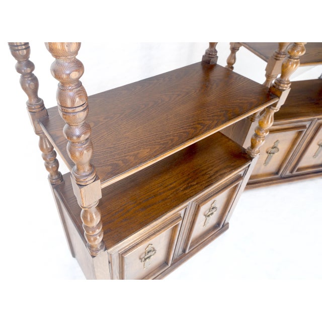 Wood Pair of Solid Oak Spanish Colonial Etageres Shelves w/ Storage Cabinets & Finial For Sale - Image 7 of 17