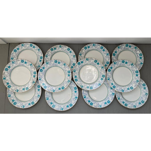 Early 20th Century Minton Porcelain Dinner Plates in a Light Blue & Mauve Flower Pattern - a Set of 12 For Sale - Image 13 of 13