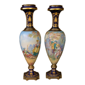 19th C Sevres Signed Aly Louis XVI Blue Porcelain Vases - 2 PCS-Pair