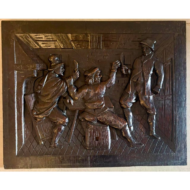 Antique Victorian Flemish Tavern Scene Wall Panels in Carved Oak, 1880, Set of 5 For Sale - Image 4 of 9