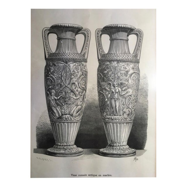 French Artist, Neoclassical Roman Marble Urns, 1850, Black and White Print For Sale