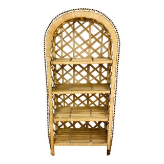 Vintage 1970s Woven Rattan Arch Top Peacock Chair Style Shelf / Bookshelf For Sale