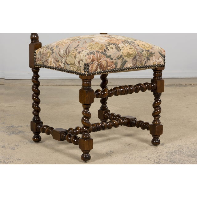 French Louis XIII Style Oak Barley Twist Dining Chairs W/ Floral Tapestry - Set of 8 For Sale - Image 17 of 18
