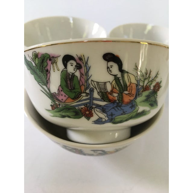 Mid-20th Century Gold Rimmed Porcelain Rice Bowls With Japanese Scenes ...