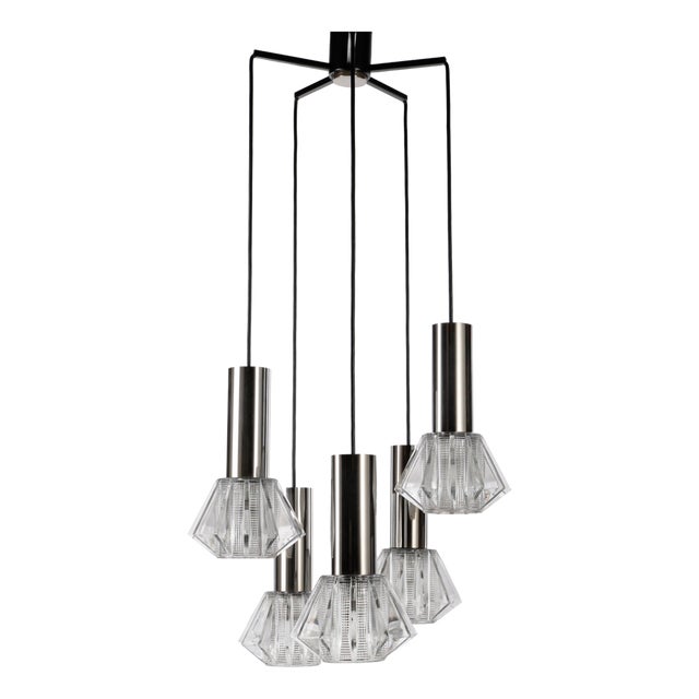 Minimalist Cascade Lamp with Five Faceted Glass Shades and Chrome, 1970s For Sale