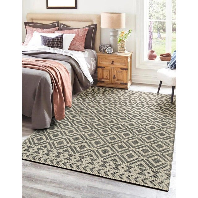 Contemporary 8x0 Black Hand-Knotted Wool Diamond Gridlock Geometric Modern Carpet Rug For Sale - Image 3 of 7