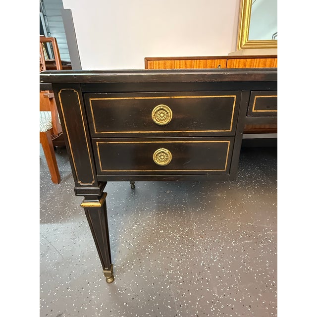 1990s Lillian August for Hickory White Ebonized Leather Top Desk With Pull-Out Slides For Sale In Baton Rouge - Image 6 of 12