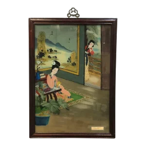 Early 20th Century Antique Chinese Reverse Glass Painting of a Geisha Original