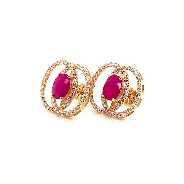 Traditional Diamond Ruby Stud Earrings 14 Karat Yellow Gold 2.41 TCW Certified For Sale - Image 3 of 17