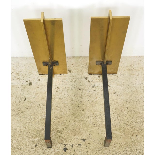 Brass Pair of Mid Century Modernist Polished Brass Fireplace Andirons For Sale - Image 8 of 9