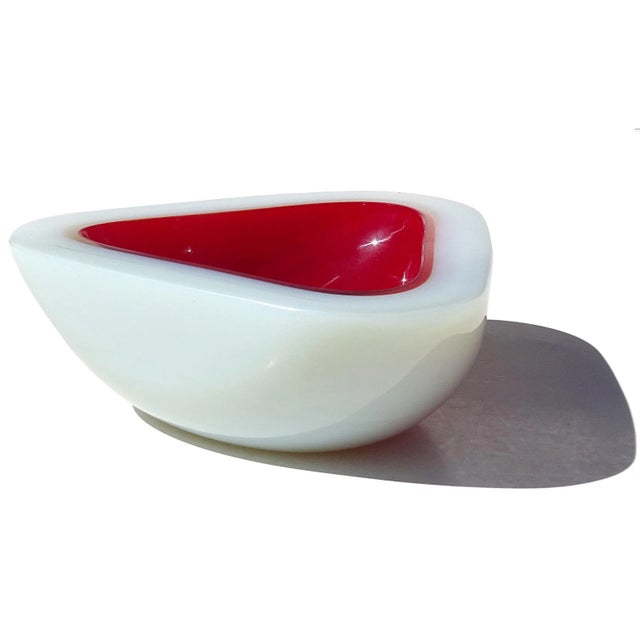 Glass Vintage Seguso Murano Deep Red Opal White Alabastro Italian Art Glass Triangle Shaped Bowl For Sale - Image 7 of 7