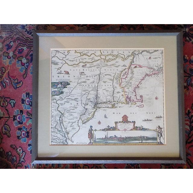 This pair of vintage 20th century framed maps depict ancient Palestine and New Belgium in the New World (what is now the...